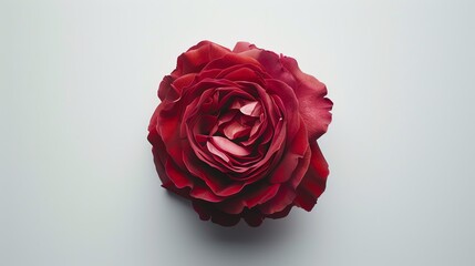 Rose in full bloom, vivid red against a minimalist white background, glossy magazine cover look, direct overhead lighting
