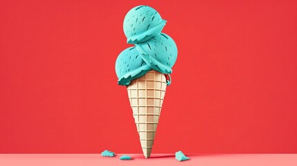 Flat solid color illustration of a turquoise ice cream cone with three scoops on a scarlet background