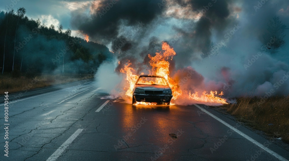 Wall mural Car fire on the road