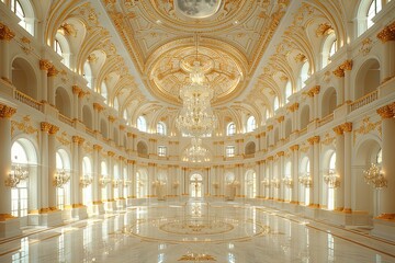 Enchanting Neoclassical Ballroom: Gilded Mouldings, Crystal Chandeliers, and Ethereal Moonlight Glow