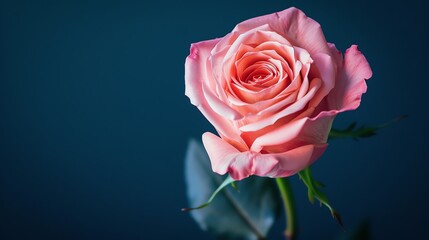 Solitary pink rose, deep navy blue background, velvety finish for a romance magazine cover, soft overhead lighting