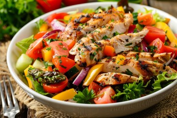 Grilled chicken topped vegetable salad