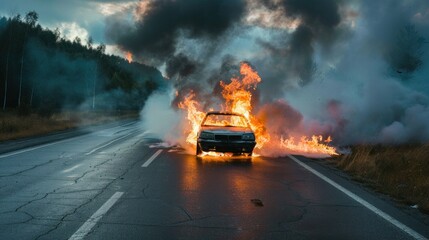 Car fire on the road