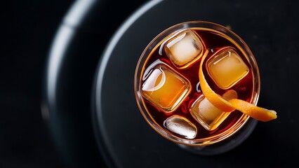 Cocktail with orange and ice on dark background top view