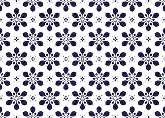 Symbol dark blue flowers on white background, ethnic fabric seamless pattern design for cloth, carpet, batik, wallpaper, wrapping etc.