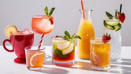 Set with different refreshing summer beverages on white background