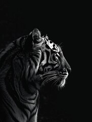aesthetic black and white photo of a large wild tiger
