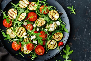 Grilled zucchini tomato arugula feta salad from above