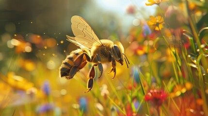 A captivating image of a bee in flight, with delicate wings and a backdrop of a colorful garden, symbolizing the grace and agility of these pollinators on World Bee Day.