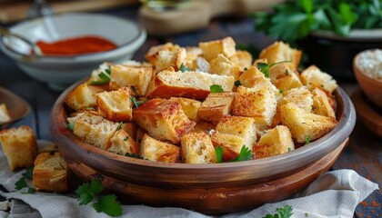 Homemade bread croutons on a paprika tray