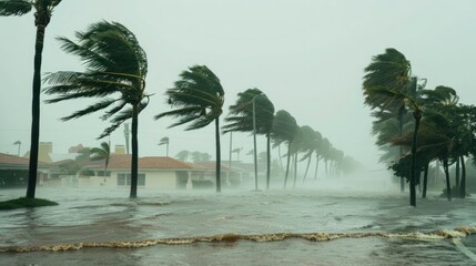 Palm trees bend in the hurricane winds. causing flooding in residential areas
