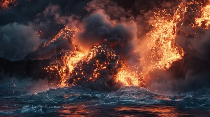 A powerful and dramatic volcanic eruption at sea with molten lava, explosive blasts and turbulent waves around it - obrazy, fototapety, plakaty