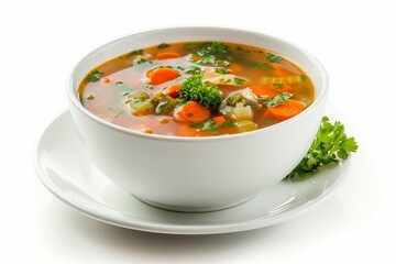 Homemade chicken soup in white bowl on white background