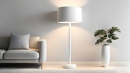 A white lamp is on a table in a living room