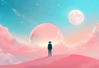 A dreamy and surreal digital artwork featuring a solitary figure under a fantastical sky with giant planets