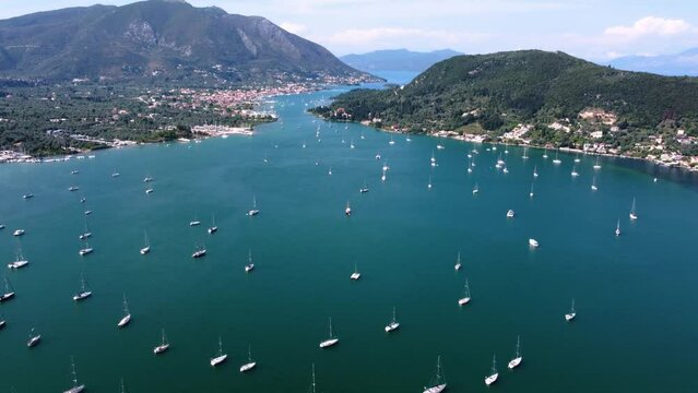 Vlicho Natural Bay full of Anchored Sailing Boats, Lefkada, Greece