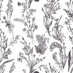 Seamless floral pattern with garden and wild plants. Graphic natural background. Black outline.