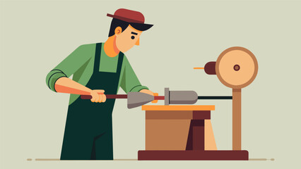 A woodworker turning a raw block of wood on a lathe shaping it into a beautiful bowl with skilled precision..