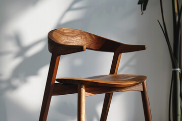 A minimalist wooden barstool chair with a curved backrest