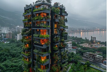 Obraz premium Cascading Balconies: A Residential Tower Oasis with Lush Greenery and Panoramic City Views