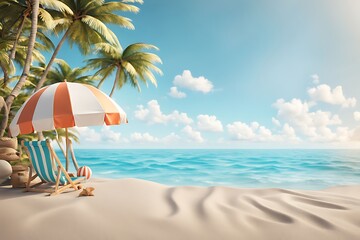  Beach travel summer holiday vacation concept background design with copy space, 3d rendering 