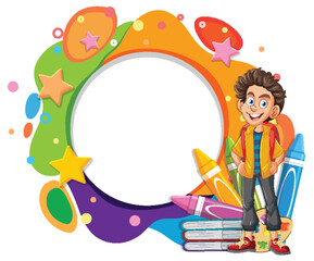 Obraz premium Young boy with books and art supplies, vibrant colors.