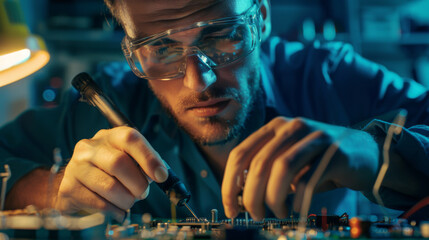 A focused technician in safety glasses solders electronic components, illuminated by warm workshop light.