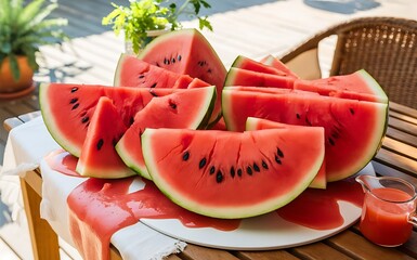 Watermelon slices and juice on wooden table