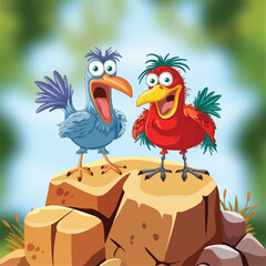 Two vibrant, animated birds chatting on a stump.