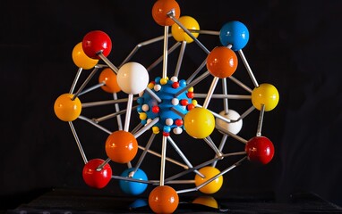 A vibrant photograph of a molecular model with interconnected colorful spheres representing atoms