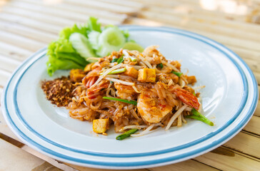 Pad Thai stir fried rice noodles with shrimp, Thai style noodles food, pad Thai.