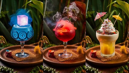 Fototapeta premium Tasty and colorful drinks based on various alcohols syrups and liqueurs unique effect of the bartender s work party night