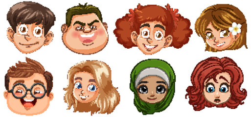 Collection of eight diverse cartoon character faces.