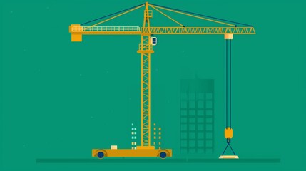 Flat solid color illustration with no gradient mustard yellow crane on emerald green background--Heavy Lifting Equipment
