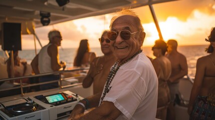 A rich, senior man is partying with friends on a yacht in summer.
