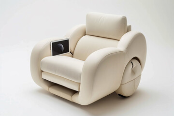 A modern armchair with a built-in tablet holder, set against a solid white backdrop.