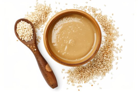 Homemade tahini paste made from ground sesame seeds on white background top view
