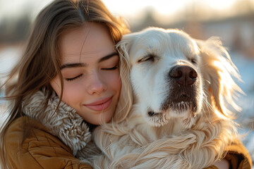 Portrait of a happy young woman with a golden retriever dog, hugging and smiling at the camera on a winter sunset background. Created with Ai