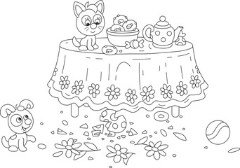 Frolicsome little kitten and puppy looking at fragments of a broken beautiful vase with flowers from a kitchen table after a merry game with a toy ball, black and white vector cartoon illustration