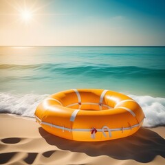 Fototapeta premium Orange life buoy floating in sea, above view. Emergency rescue equipment