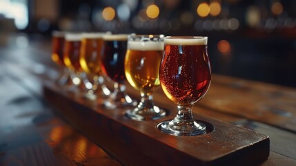 A captivating image of a beer flight, showcasing a variety of brews in small glasses, ready for a tasting experience on Beer Day Britain.