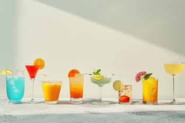 colorful drinks in different glasses on a white wall