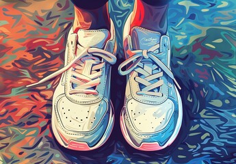Vivid and striking pop art illustration showcasing a pair of colorful sneakers with a funky...