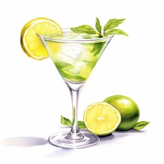 Cocktail Day with Lemon, Ice, and Mint Leaves. Hand Drawn Coctail Day Sketch on White Background.