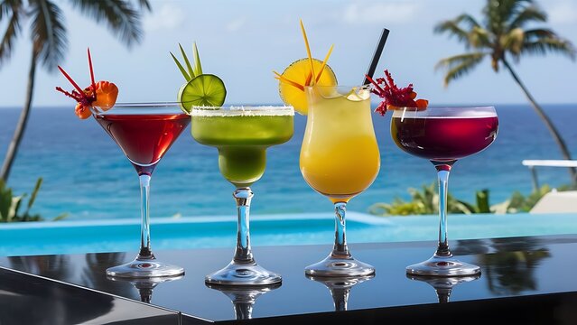 Four colorful tasty alcoholic cocktails in a row at the bar stand luxury vacation concept toned image drinks wording