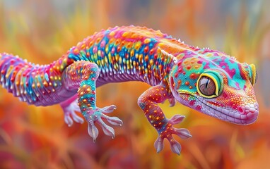 Stunning image of a vibrant gecko with bright pink and orange hues against a lively background