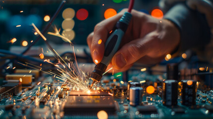 Precision work as a professional uses a soldering tool on an electronic circuit board with sparks.