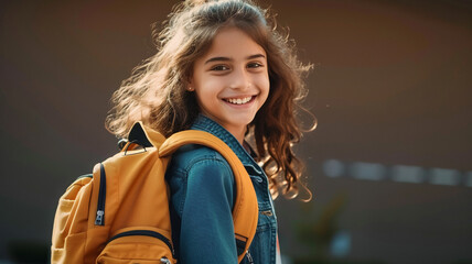 Smiling girl with backpack happiness and confidence, AI Generative.