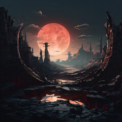 Space background, World collapse, Doomsday Scene Concept Illustration. Video Game's Digital CG Artwork, Concept Illustration with Ruins. Destroyed City against the Backdrop of Sunset.