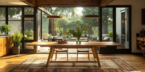 minimalist modern style dining table made from maple placed in a dining room in an American style home in Florida. afternoon sunlight cascades in through large windows. area rug beneath table - obrazy, fototapety, plakaty